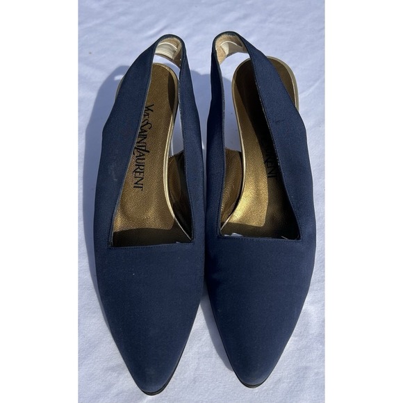 YSL Yves Saint Laurent Navy Blue Satin Slingback Heels Size 7.5N‎ 2.5" Pumps - Picture 1 of 8